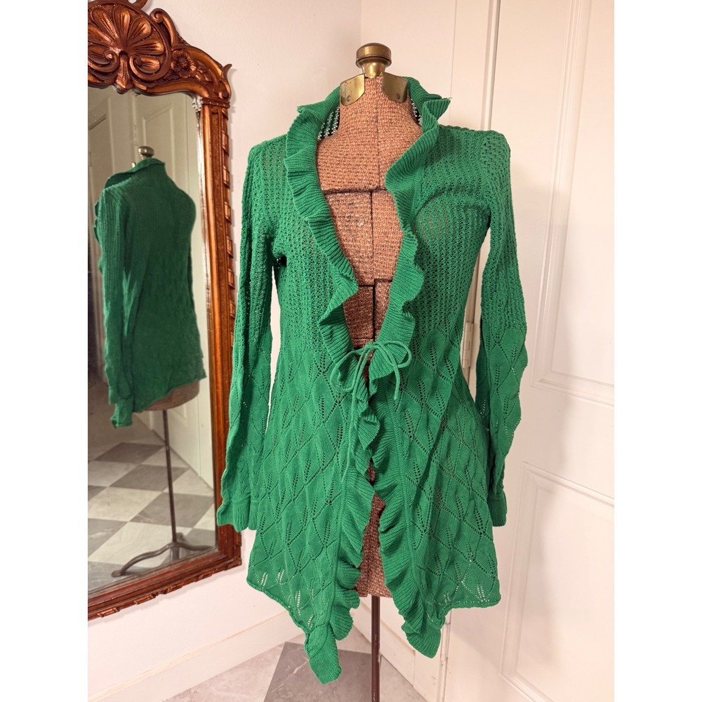 ECI Green Ruffle Pointelle Knit Cardigan Sweater Tie Front Size Large